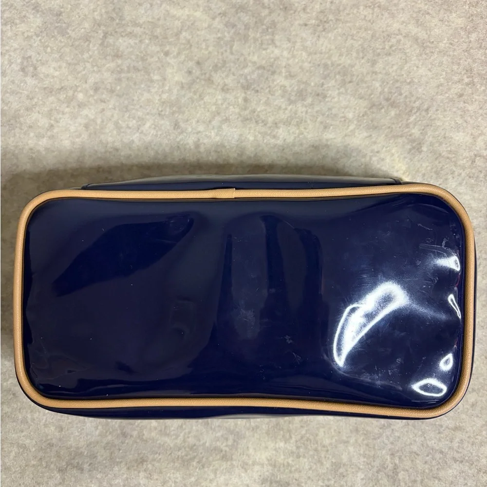 Estée Lauder Make Up Travel Bag Navy Blue Tan Rim‎ Zipper Mirror 10x5x2.5”
